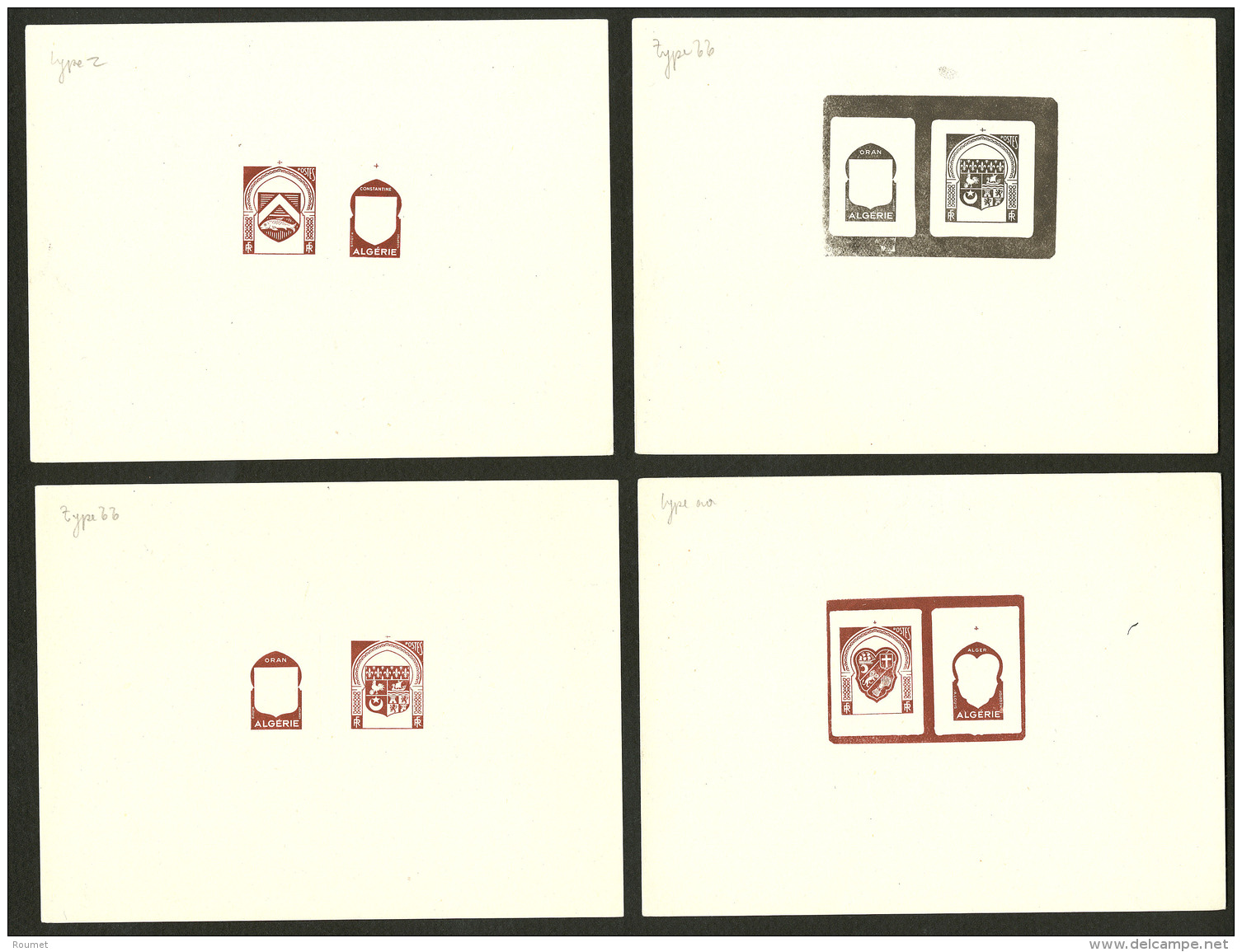 Armoiries 1947. 4 &eacute;preuves Types "z", "aa" Et "bb" En Brun Rouge Et "bb" Noir, Feuillets 140x102mm. - TB - Vide