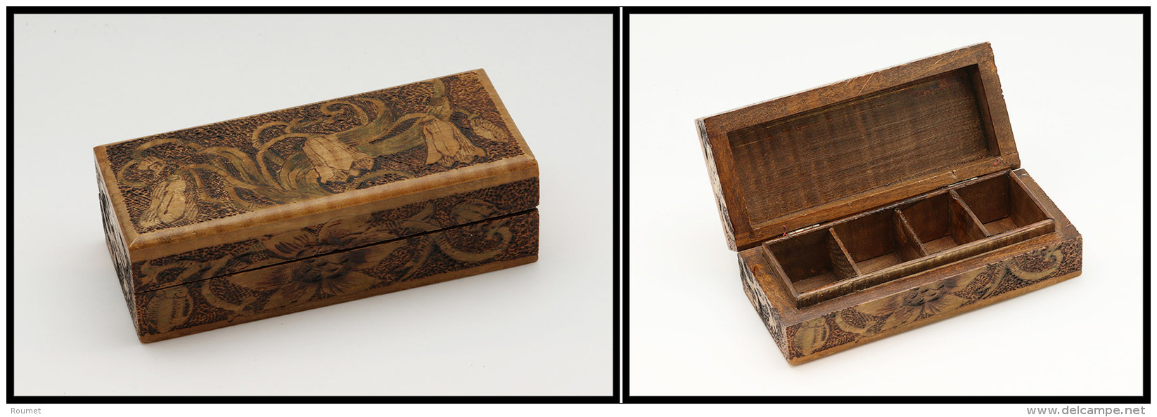 Bo&icirc;te En Bois Sculpt&eacute; "Modern Style", 4 Comp., 120x53x35mm. - TB - Stamp Boxes