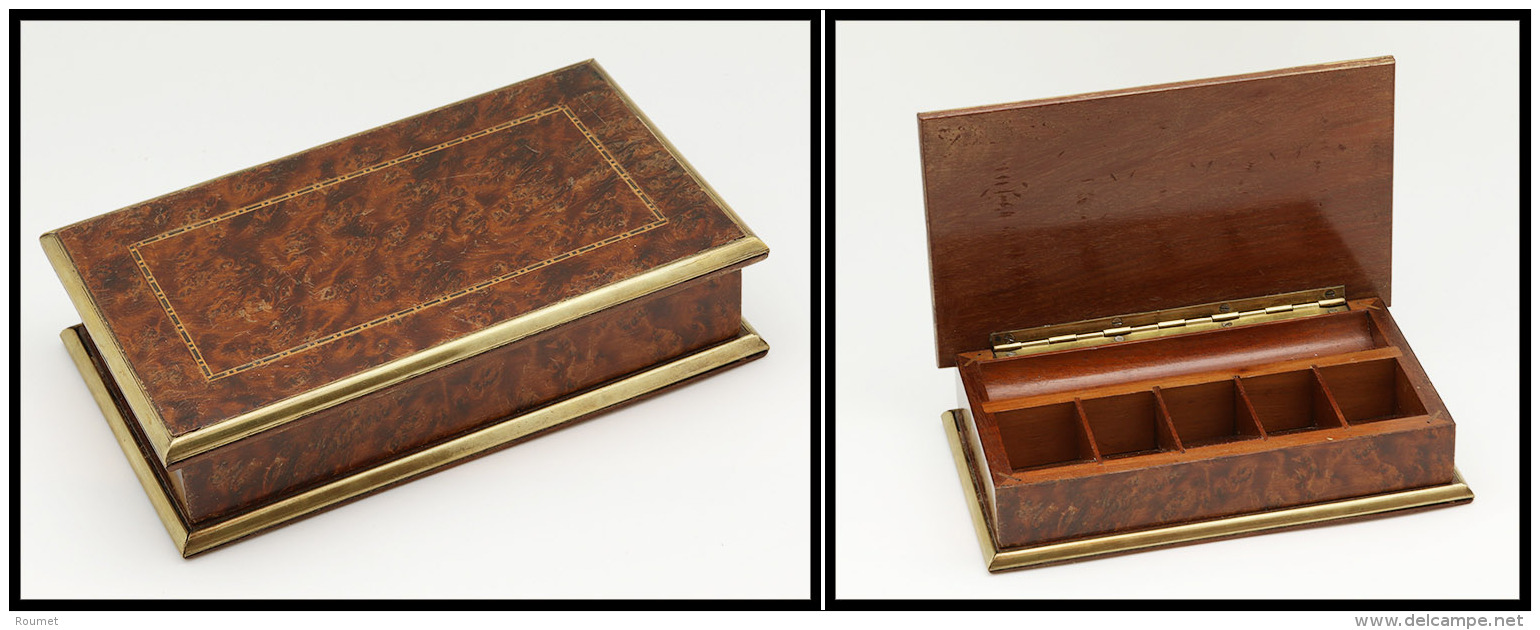 Bo&icirc;te En Marqueterie De Thuya, Cerclage Laiton, 5 Comp. Timbres, 1 Comp. Stylo, 165x10x35mm. - TB - Stamp Boxes