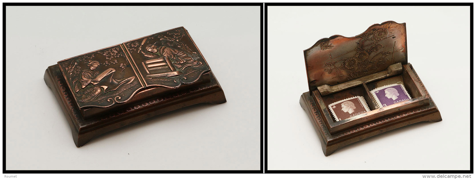 Bo&icirc;te Japonaise En Bronze, D&eacute;cor En Relief Sur Couvercle, 2 Comp., 88x58x20mm. - TB - Boites A Timbres