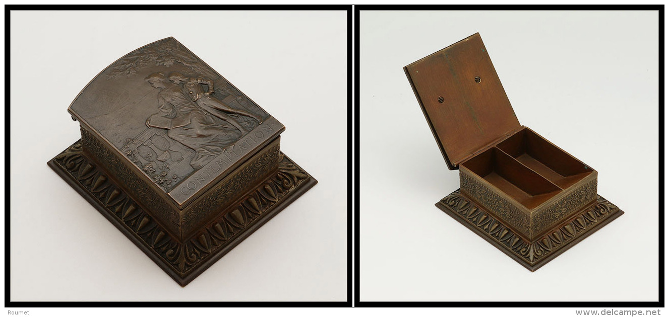 Bo&icirc;te En Bronze, D&eacute;cor "Contemplation" En Relief, Sign&eacute;e Du Sculpteur Et Graveur A. Maillard, 2 Comp - Stamp Boxes