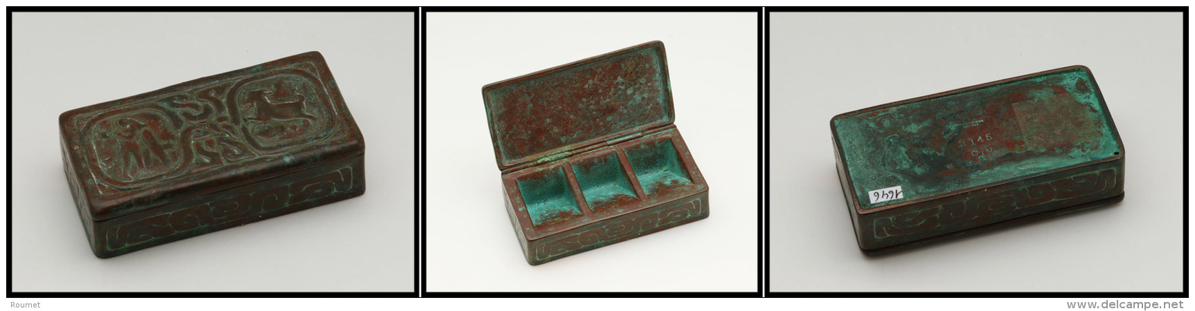 Bo&icirc;te "Tiffany Studios N&deg;2145" En Bronze, Mod&egrave;le "Zodiac", 3 Comp., 95x45x25mm, Superbe. - R (2&egrave; - Stamp Boxes