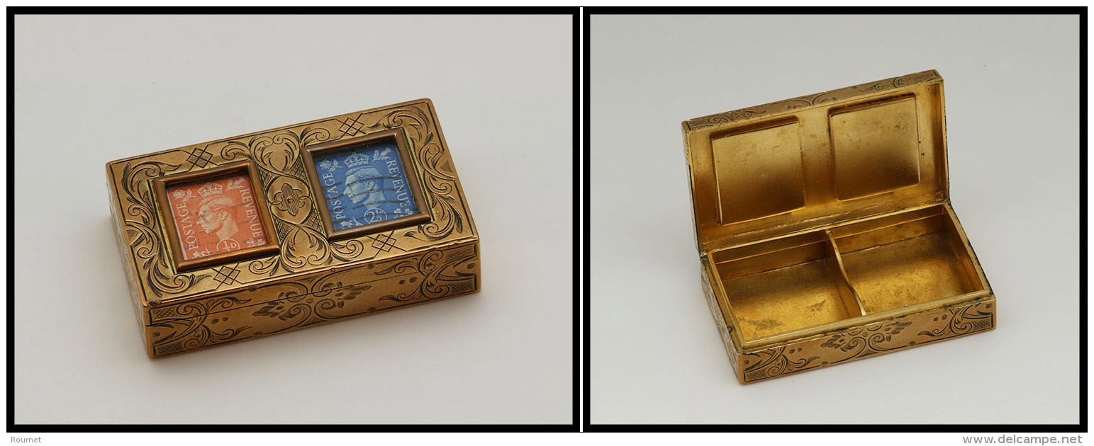 Bo&icirc;te Anglaise En Bronze Dor&eacute;, Couvercle Amovible &agrave; Fen&ecirc;tre, 2 Comp., 74x42x18mm. - TB. - R (c - Stamp Boxes