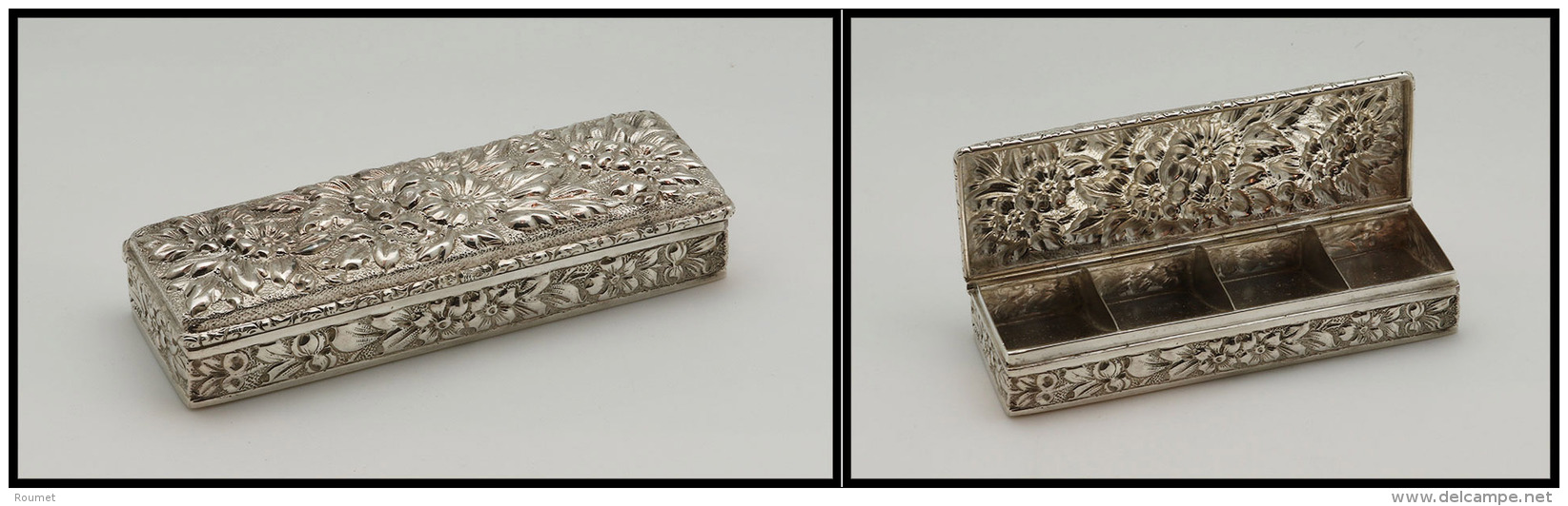 Bo&icirc;te En Argent, &agrave; Fin D&eacute;cor De Fleurs En Relief Sur L'ensemble De La Bo&icirc;te, Sign&eacute;e "JE - Stamp Boxes