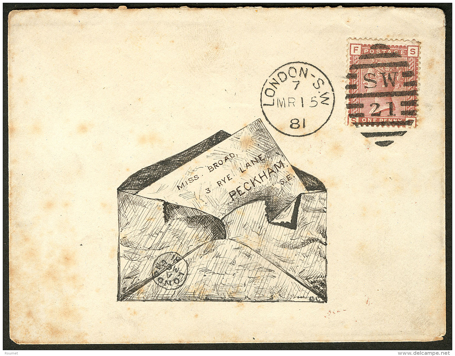 Illustration &agrave; La Main. "Enveloppe Et Carte De Visite", Encre De Chine Sur Enveloppe Anglaise Afft GB N&deg;68, Q - Unclassified