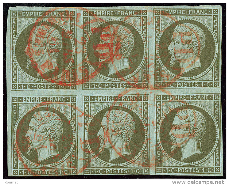 No 11, Bloc De Six Obl Cad Rouge Des Imprim&eacute;s, 2 Ex Touch&eacute;s En Bas Sinon TB - 1853-1860 Napoleon III