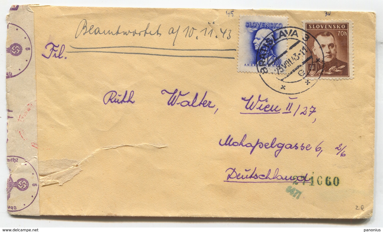 SLOVAKIA BRATISLAVA, LETTER FOR AUSTRIA 1943. GERMANY WW2 CENSURA - Usati