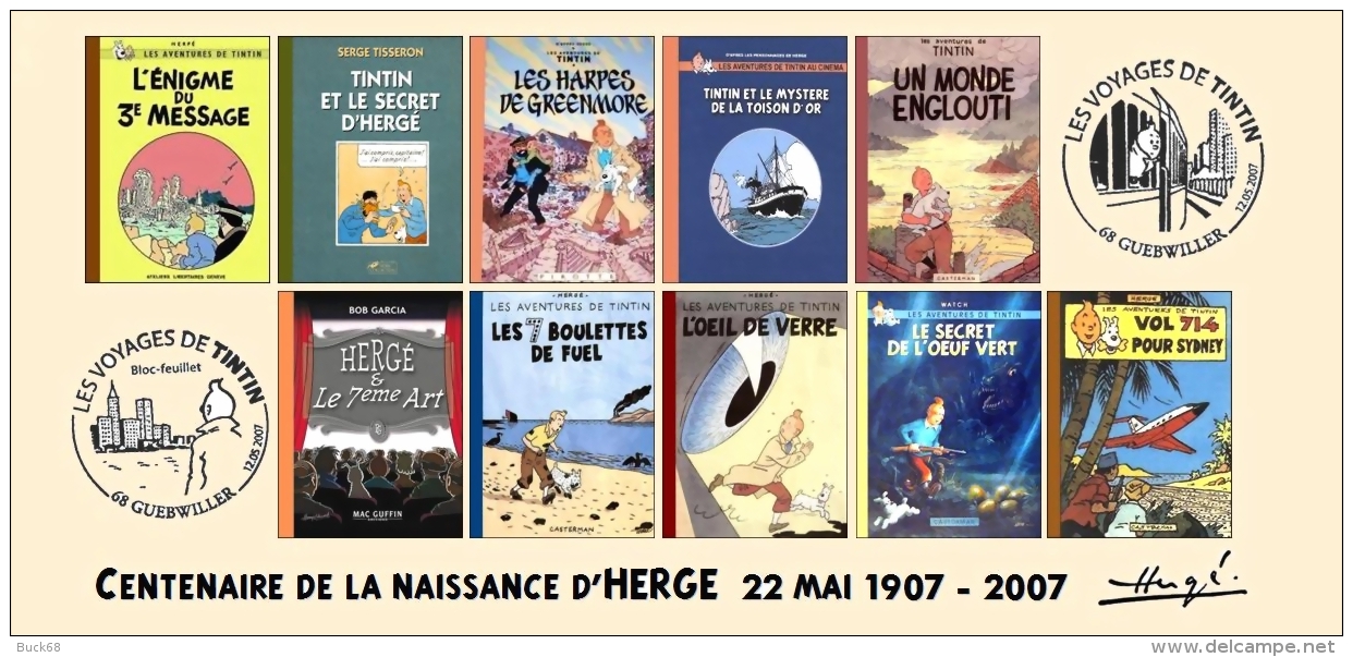 FRANCE 2007 N°26 Albums Fictifs + 2 Cachets Premier Jour FDC TINTIN KUIFJE TIM HERGE GUEBWILLER - 2000-2009