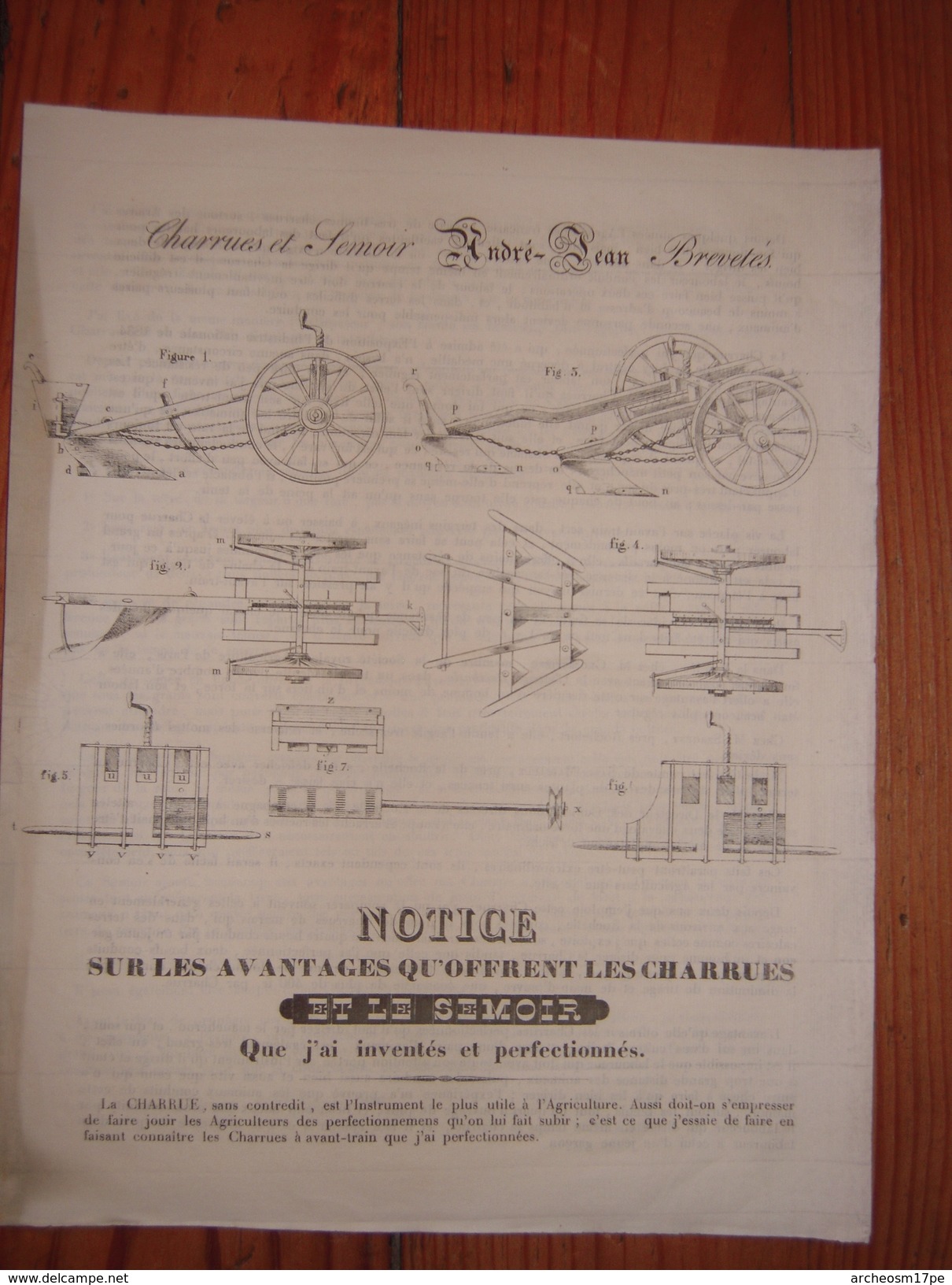 André Jean - Invention - Brevet -  Notice  Charrues Et Semoirs - 1836 Agriculture Matériel Agricole - Agriculture