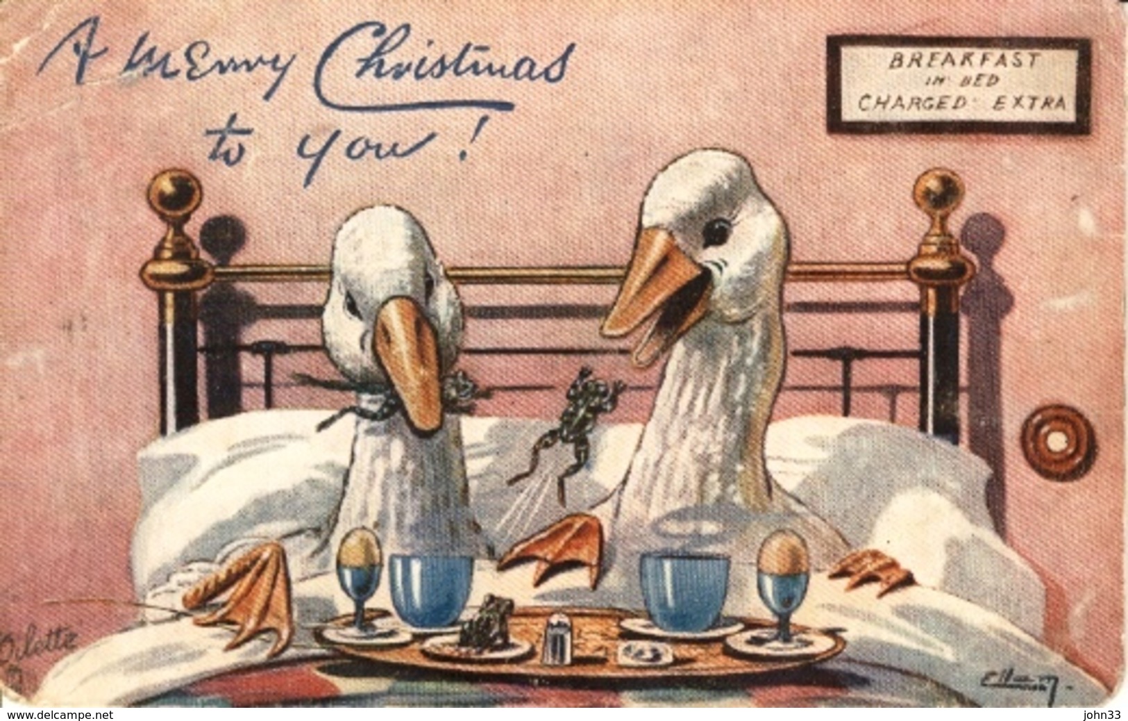 W.R. Ellam -   Two Geese Having Breakfast In Bed : "A Merry Christmas To You !"   -   9321 - Tuck, Raphael
