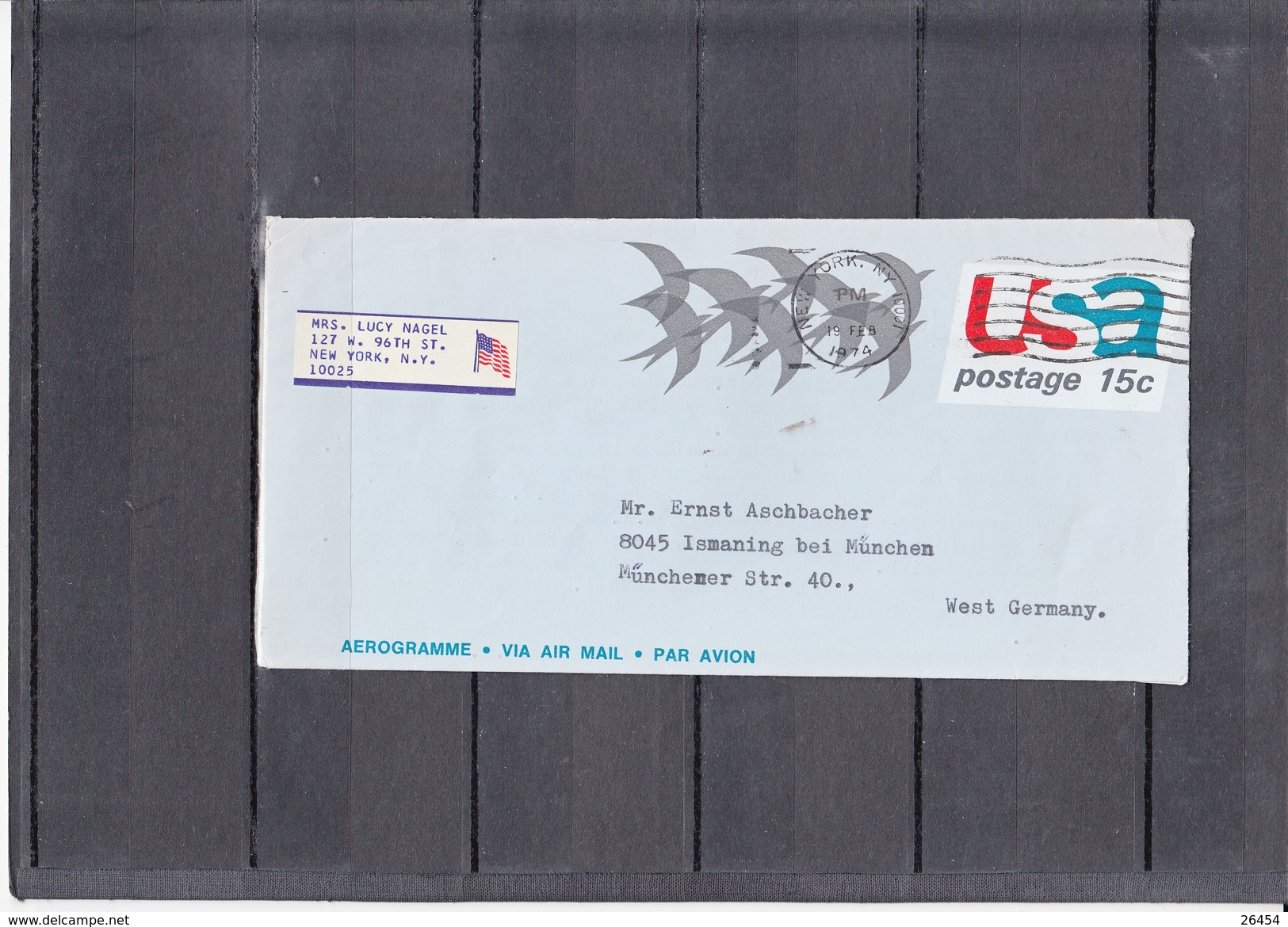 U.S.POSTAGE 15c  Aerogramme     Sur Lettre  De N.YORK Le 19 FEV 1974 Pour WEST GERMANY - 1961-80
