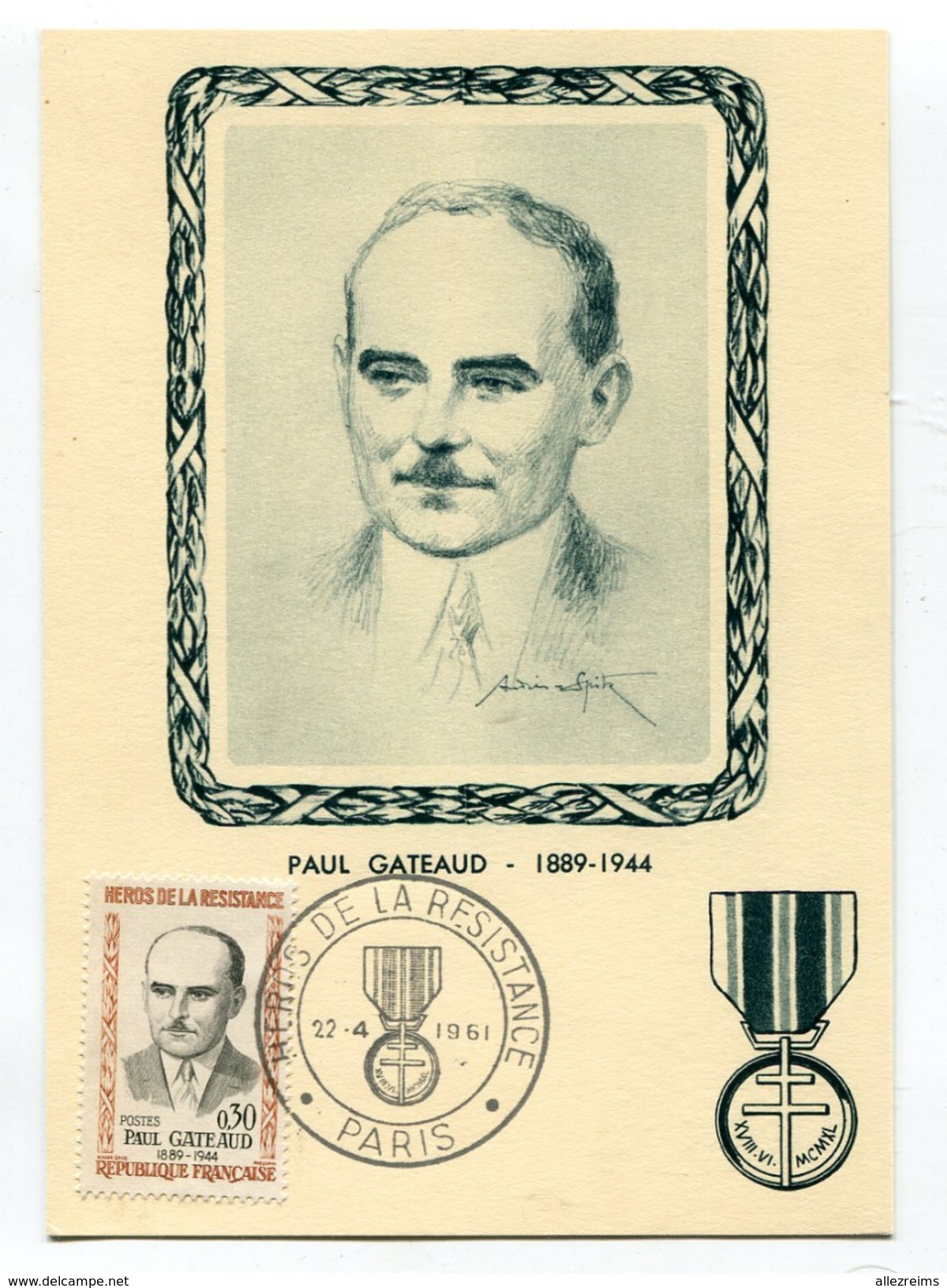 France  Paul  Gateaud  Carte   1961 Héros De La Résistance - 1960-1969