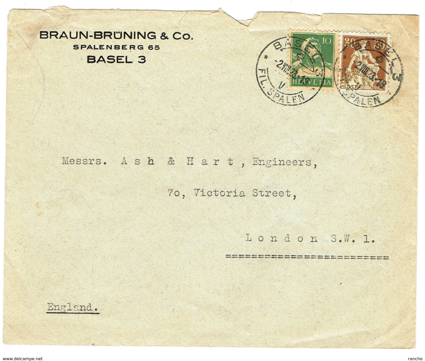 LETTRE  OBLITERES  BASEL LE 2.8.1923. POUR LONDON . CATALOGUE DES TIMBRES SUISSES Nr:110.153. - Storia Postale