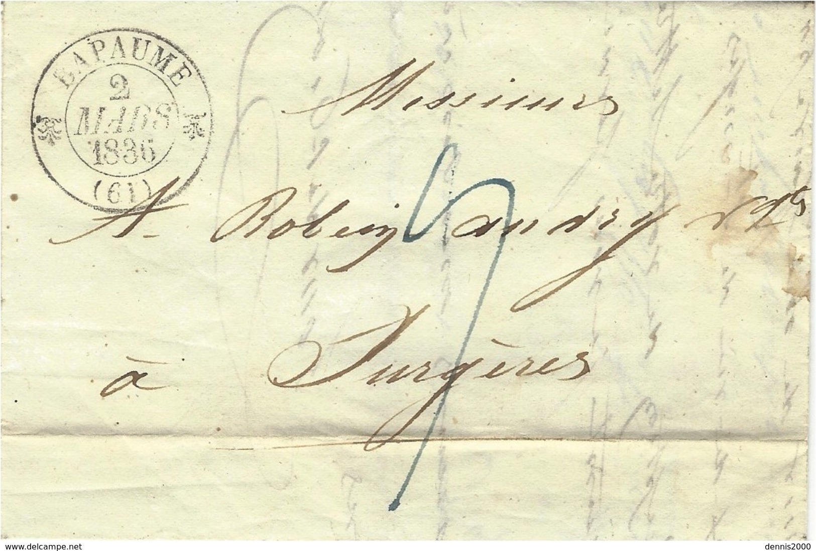 1836- Lettre De BAPAUME   ( Pas De Calais ) Cad T12  Taxe 9 D. Pour Surgères - 1801-1848: Précurseurs XIX