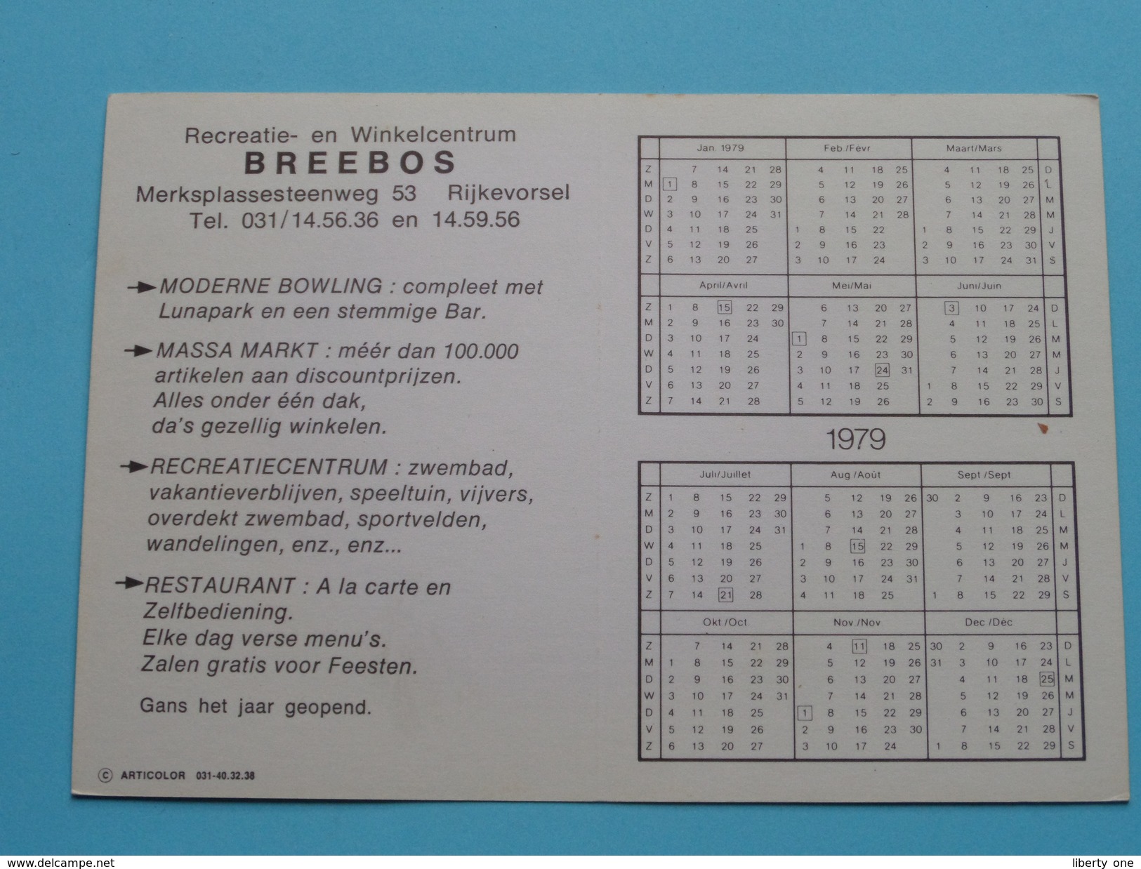 Recreatie- En Winkelcentrum BREEBOS Rijkevorsel ( Calender / Kalender ) Anno 1979 ( Zie/voir Foto Voor Details ) !! - Rijkevorsel