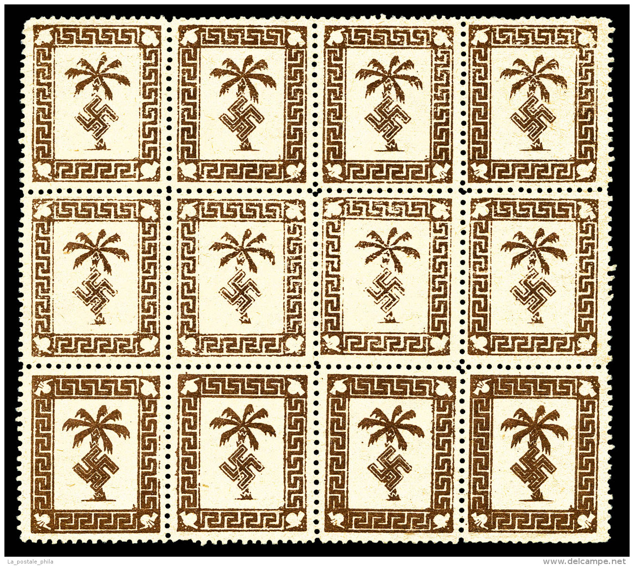 (*) N&deg;1a/b, Palmier De L'Afrika Korps Marron: Bloc De 12 Comprenant 4 Vari&eacute;t&eacute;s Marron Clair Et 4... - Ungebraucht