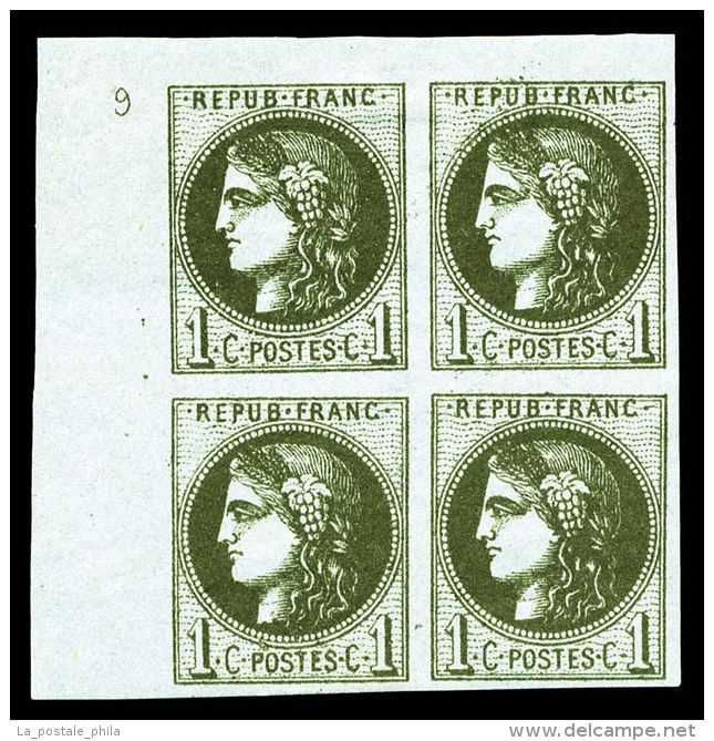 ** N&deg;39Bb, 1c Olive Tr&egrave;s Fonc&eacute; Report 2 En Bloc De Quatre (3ex*) Coin De Feuille Avec Chiffre 9... - 1870 Ausgabe Bordeaux