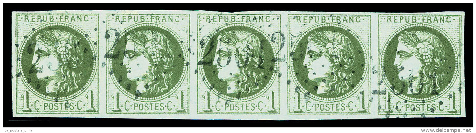 O N&deg;39Ba, 1c Olive-fonc&eacute;, Bande De Cinq Oblit&eacute;ration Gros Chiffres, TTB (sign&eacute;... - 1870 Ausgabe Bordeaux
