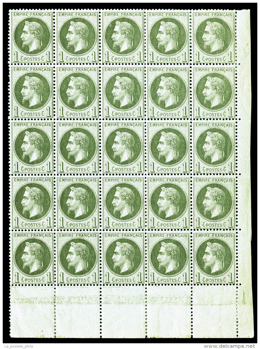 ** N&deg;25, 1c Bronze En Bloc De 25 Exemplaires Coin De Feuille (2ex*), Fra&icirc;cheur Postale (certificat)    ... - 1863-1870 Napoleone III Con Gli Allori