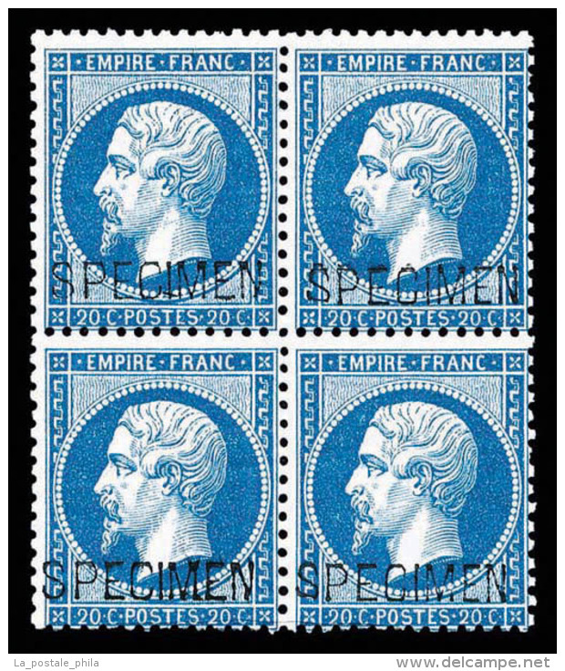 ** N&deg;22d, 20c Bleu En Bloc De Quatre Surcharg&eacute; 'SPECIMEN', FRA&Icirc;CHEUR POSTALE, RARE ET SUPERBE... - 1862 Napoléon III