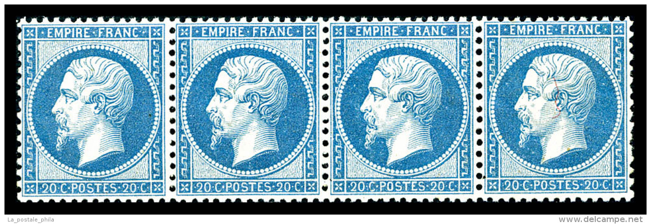 ** N&deg;22, 20c Bleu, Bande De Quatre Horizontale, Tr&egrave;s Bon Centrage, Fra&icirc;cheur Postale. SUP... - 1862 Napoléon III.