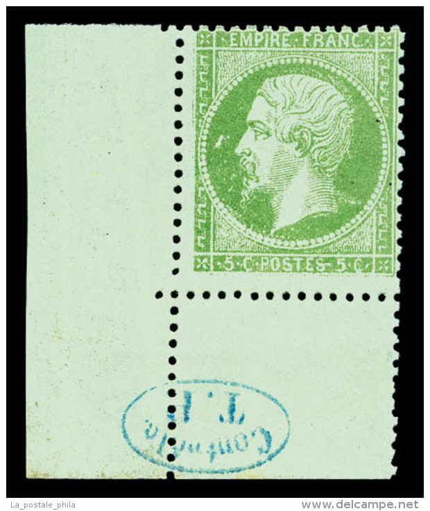 ** N&deg;20e, 5c Vert-clair Coin De Feuille Avec Cachet De Contr&ocirc;le 'TP' En Bleu, SUP (certificat)   ... - 1862 Napoléon III