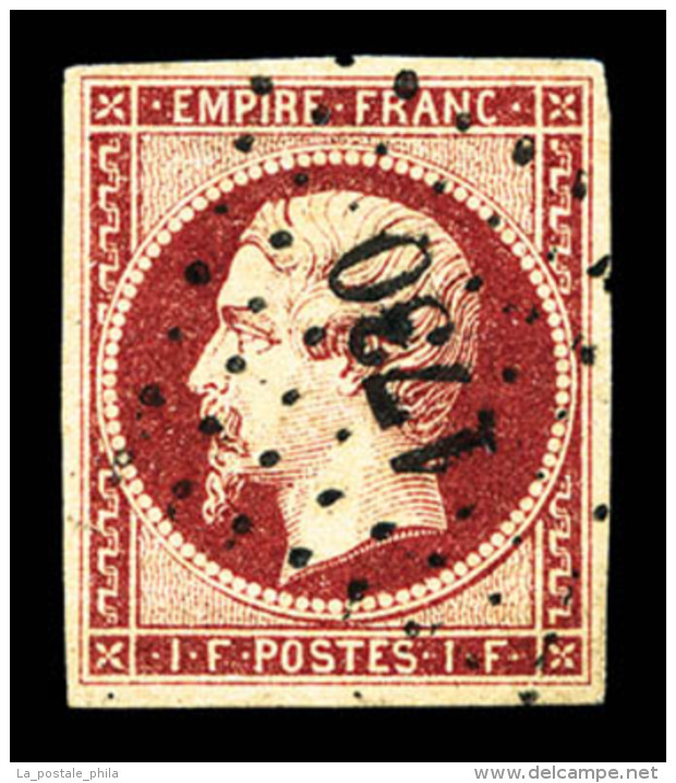 O N&deg;18, 1F Carmin, Oblit&eacute;ration PC, Infime Froissure, Jolie Pi&egrave;ce, TB (certificat)   ... - 1853-1860 Napoleone III