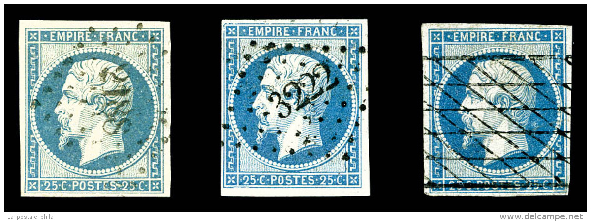 O N&deg;15, 25c Bleu, 3 Exemplaires Avec Nuances Et Obl Differentes. B/TB    Qualit&eacute;: O   Cote: 870 Euros - 1853-1860 Napoleon III