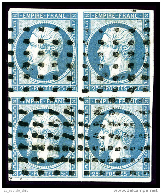 O N&deg;15, 25c Bleu En Bloc De Quatre Obl Gros Points Carr&eacute;s, TB (sign&eacute; Calves/certificat)   ... - 1853-1860 Napoléon III.