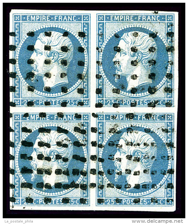 O N&deg;15, 25c Bleu En Bloc De Quatre Obl Gros Points Carr&eacute;s, TB (sign&eacute; Calves/certificat)   ... - 1853-1860 Napoleon III