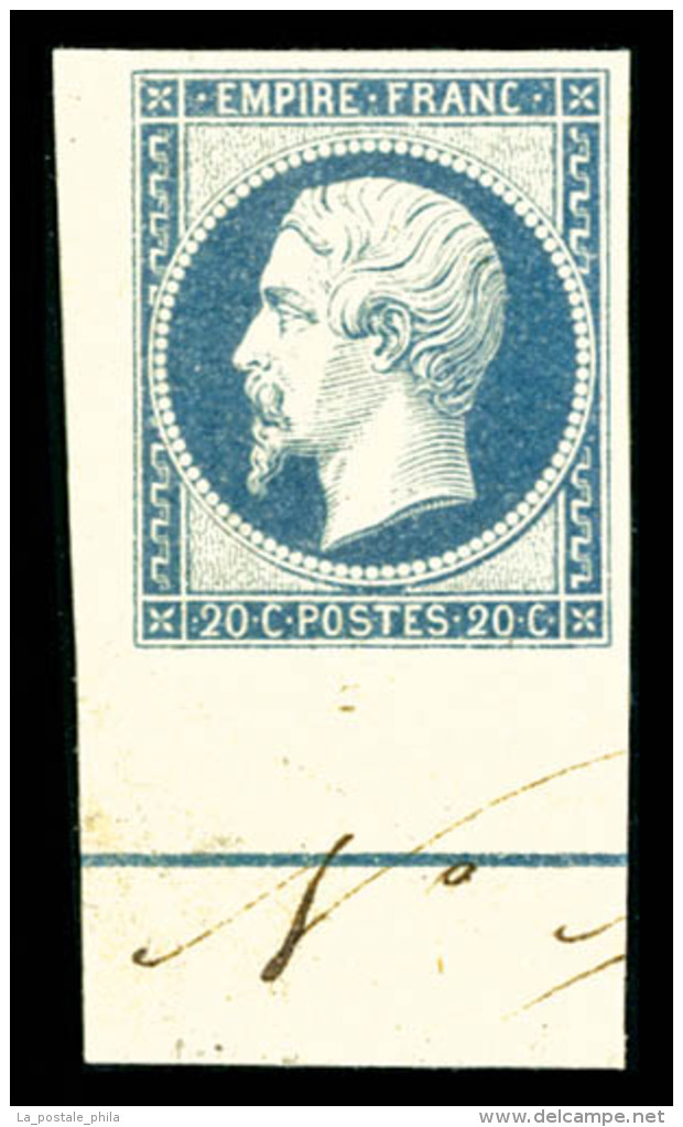 * N&deg;14Ai, 20c Bleu Laiteux, Quasi **, Coin De Feuille Avec Filet D'encadrement, SUPERBE (sign&eacute;... - 1853-1860 Napoleon III