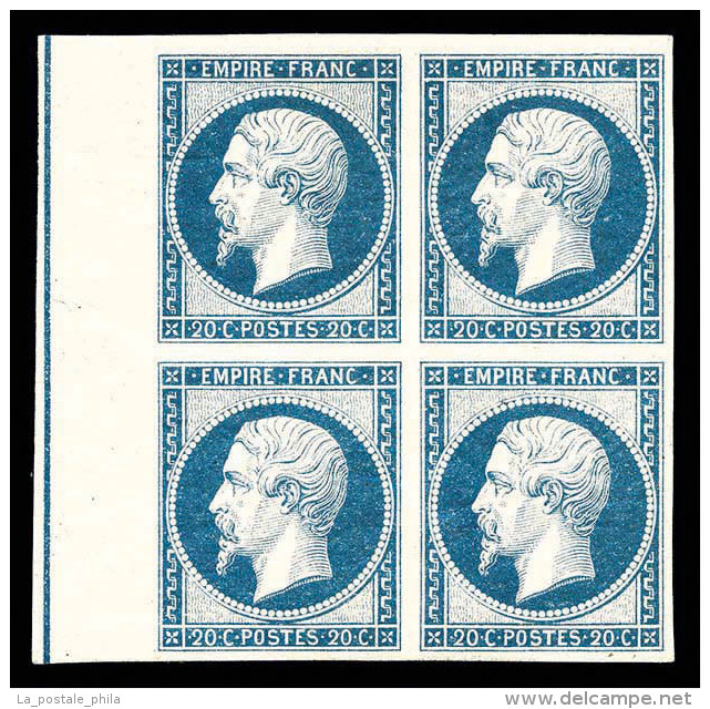 ** N&deg;14Ai, 20c Bleu Laiteux En Bloc De Quatre (1ex*) Bord De Feuille Lat&eacute;ral Avec Filet D'encadrement,... - 1853-1860 Napoléon III.