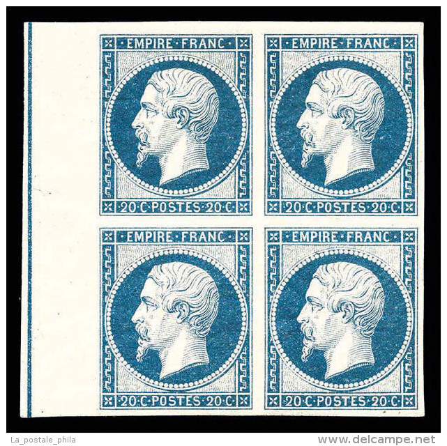 ** N&deg;14Ai, 20c Bleu Laiteux En Bloc De Quatre (1ex*) Bord De Feuille Lat&eacute;ral Avec Filet D'encadrement,... - 1853-1860 Napoleon III