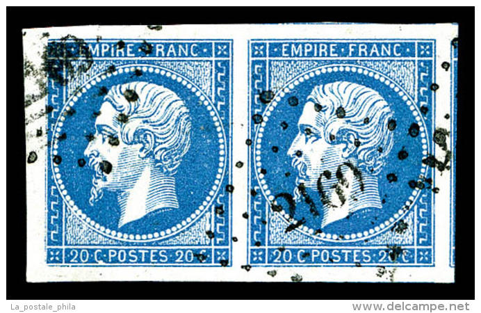 O N&deg;14A, 20c Bleu Type I En Paire Obl PC, Grandes Marges, Cinq Voisins. SUP (certificat)    Qualit&eacute;: O  ... - 1853-1860 Napoleon III