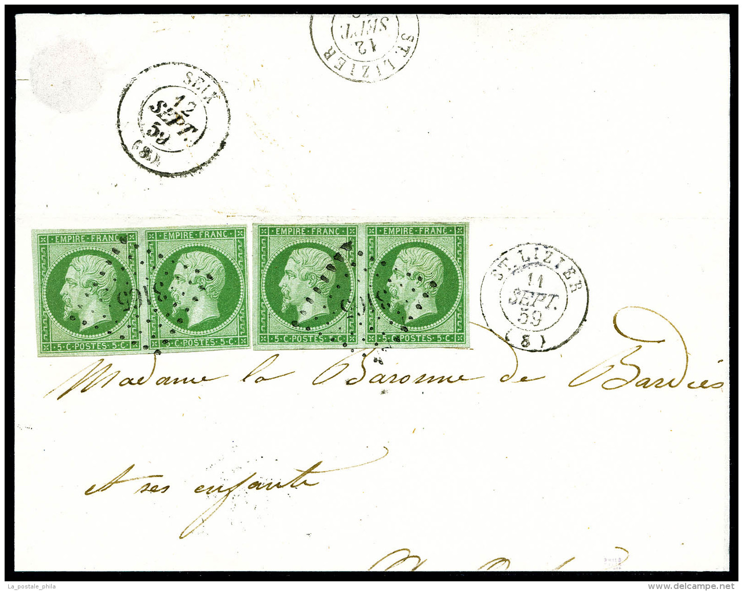 O N&deg;12, 5c Vert: 2 Paires Obl PC 3165 S/fragment + C&agrave;d De St LIZIER Du 11 Septembre 1859, SUP... - 1853-1860 Napoléon III.