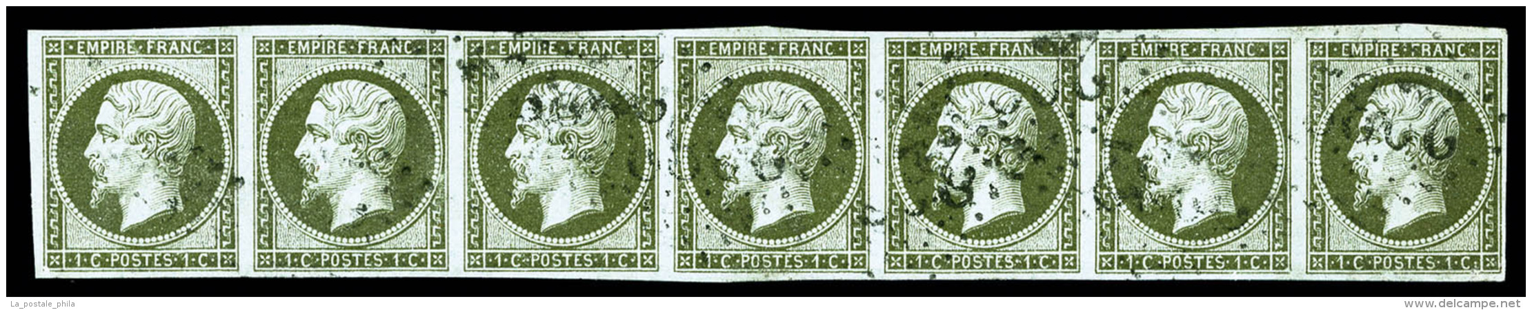 O N&deg;11, 1c Olive, Bande De Sept Horizontale, Tr&egrave;s Jolie Pi&egrave;ce, Rare (sign&eacute;... - 1853-1860 Napoléon III.