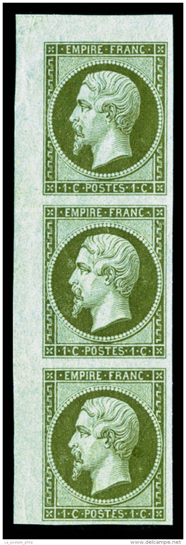 ** N&deg;11, 1c Olive, Bande De 3 Coin De Feuille, Fra&icirc;cheur Postale, SUP (certificat)    Qualit&eacute;: ** ... - 1853-1860 Napoléon III.