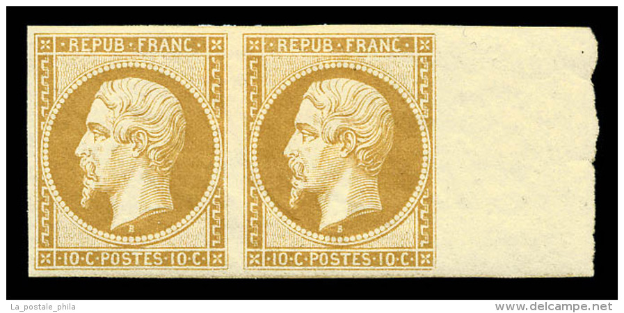 * N&deg;9c, 10c Bistre, Impression De 1862 En Paire, Bord De Feuille Lat&eacute;ral, Tr&egrave;s Jolie... - 1852 Louis-Napoléon