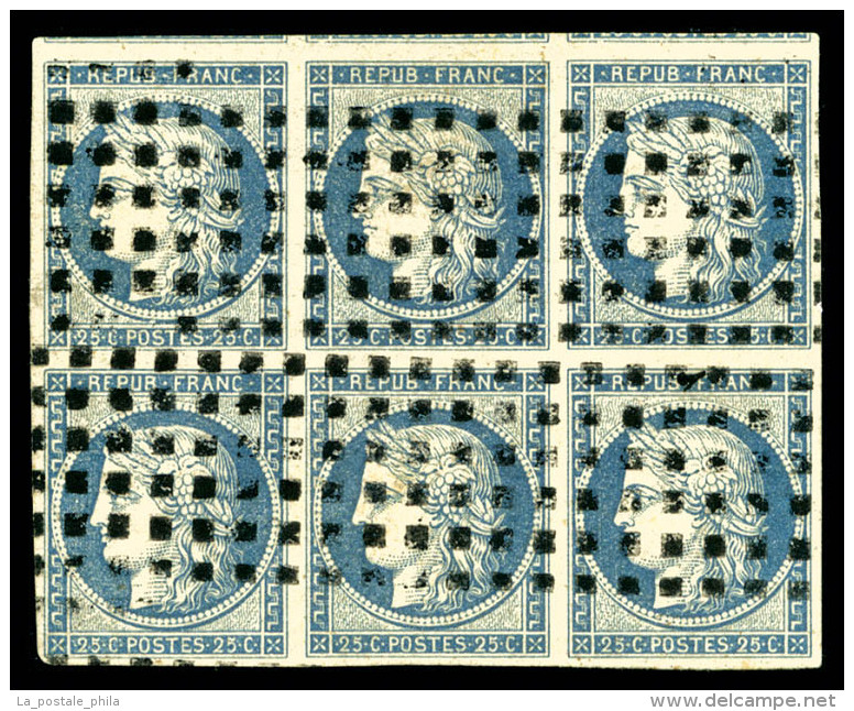 O N&deg;4, 25c Bleu En Bloc De Six Oblit&eacute;ration Gros Points Carr&eacute;s, Jolie Pi&egrave;ce, R.R.R... - 1849-1850 Ceres