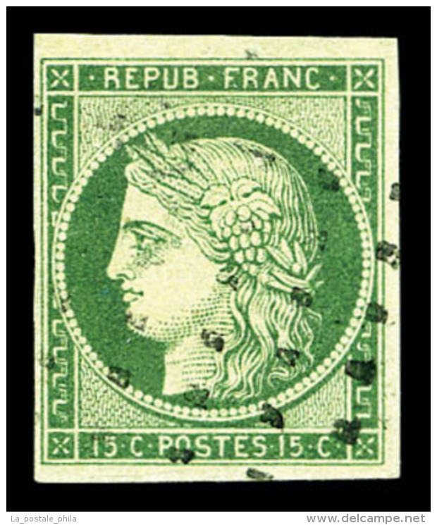 O N&deg;2, 15c Vert Oblit&eacute;ration Gros Points Carr&eacute;s. TTB (sign&eacute; Scheller/certificat)   ... - 1849-1850 Cérès