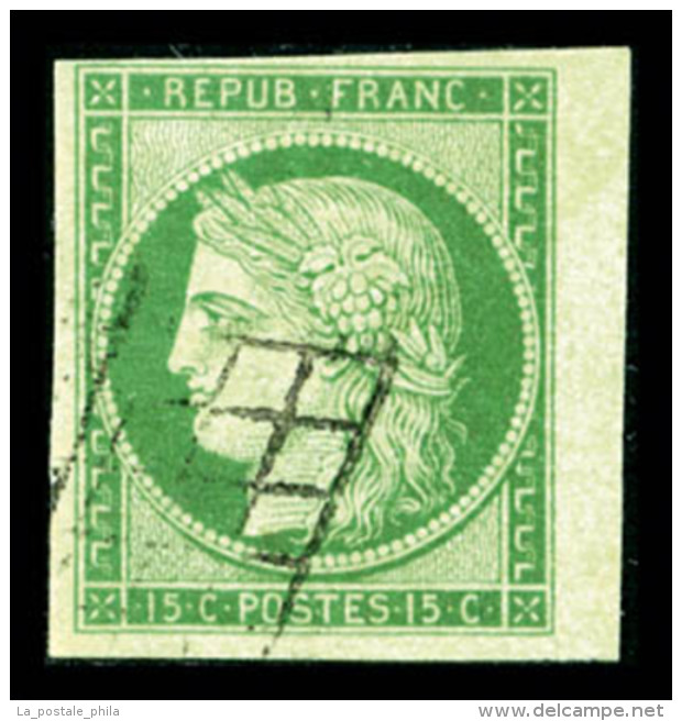 O N&deg;2, 15c Vert, Obl Grille L&eacute;g&egrave;re, Bord De Feuille Lat&eacute;ral, PIECE CHOISIE, SUP... - 1849-1850 Cérès