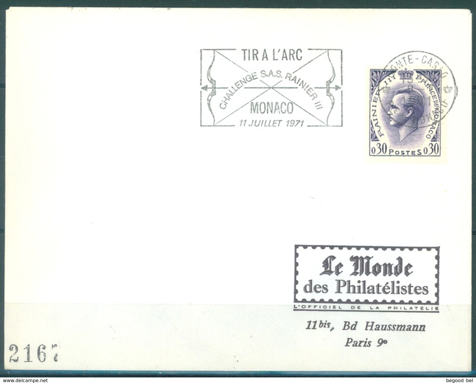 MONACO -FLAMME - 11.1.1971 -TIR A L'ARC RAINIER III  -  Lot 15082 - Poststempel