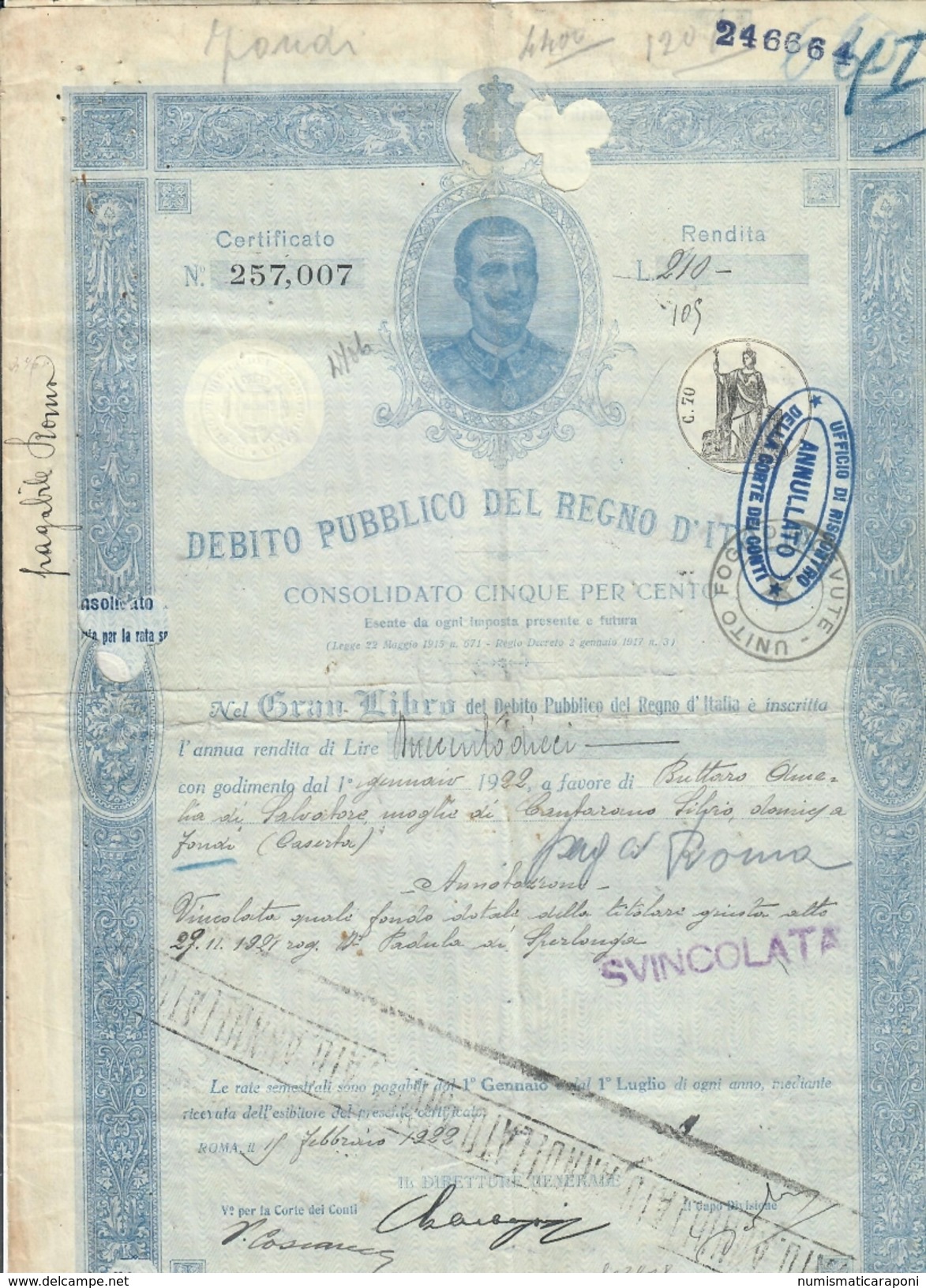Debito Pubblico Del Regno D'italia 1922 Certificato Ben Conservato Cod.doc.251 - Documenti Storici