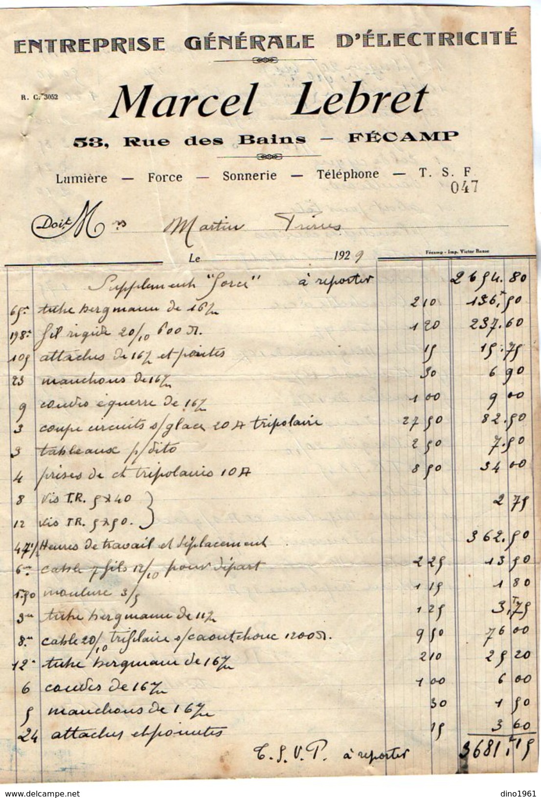 VP7263 - Facture - Entreprise Générale D'Electricité Marcel LEBRET à FECAMP - Elektrizität & Gas