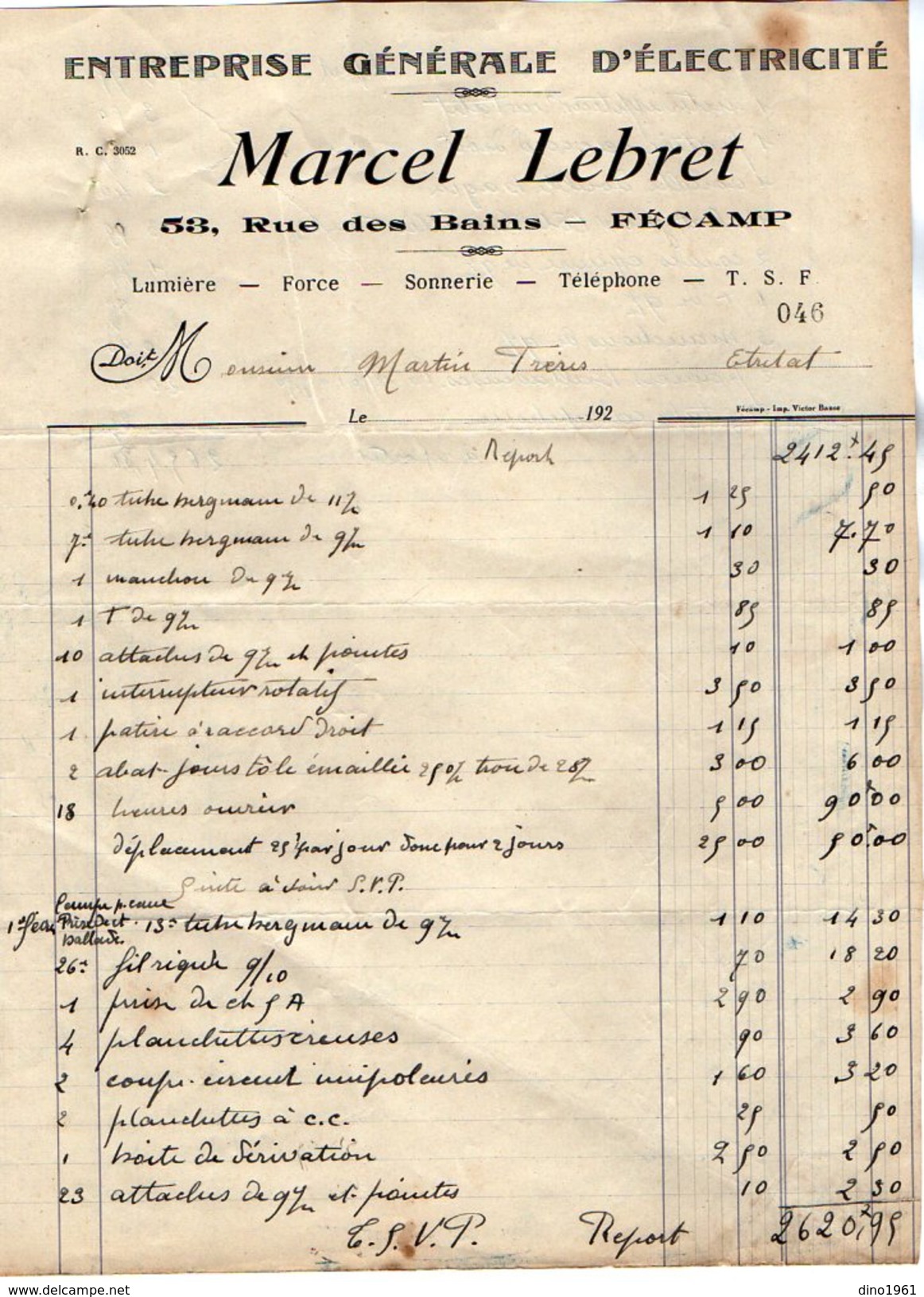 VP7264 - Facture - Entreprise Générale D'Electricité Marcel LEBRET à FECAMP - Electricité & Gaz