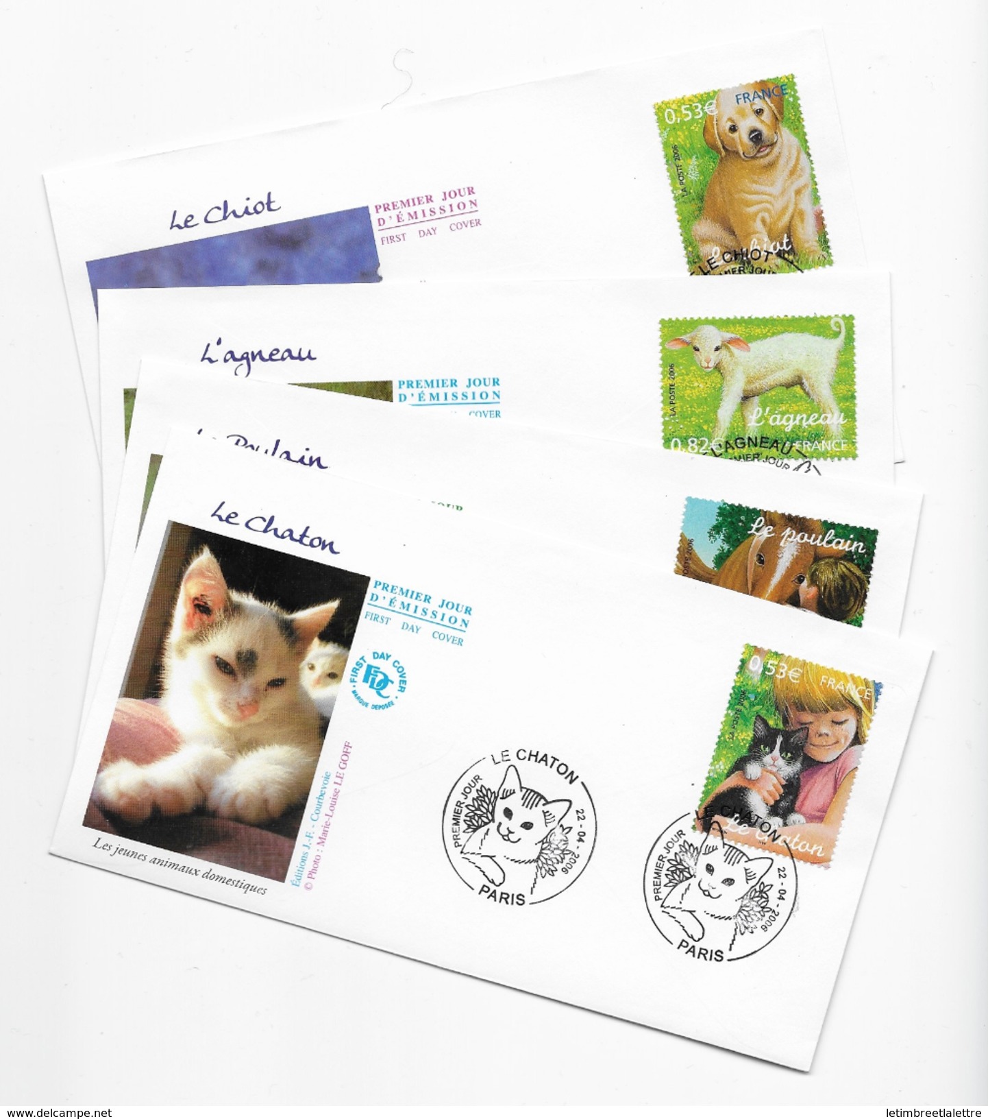 Enveloppes  1er Jour FDC 2006 4 Enveloppes "le Chaton,le Poulain,l'agneau,le Chiot - 2000-2009