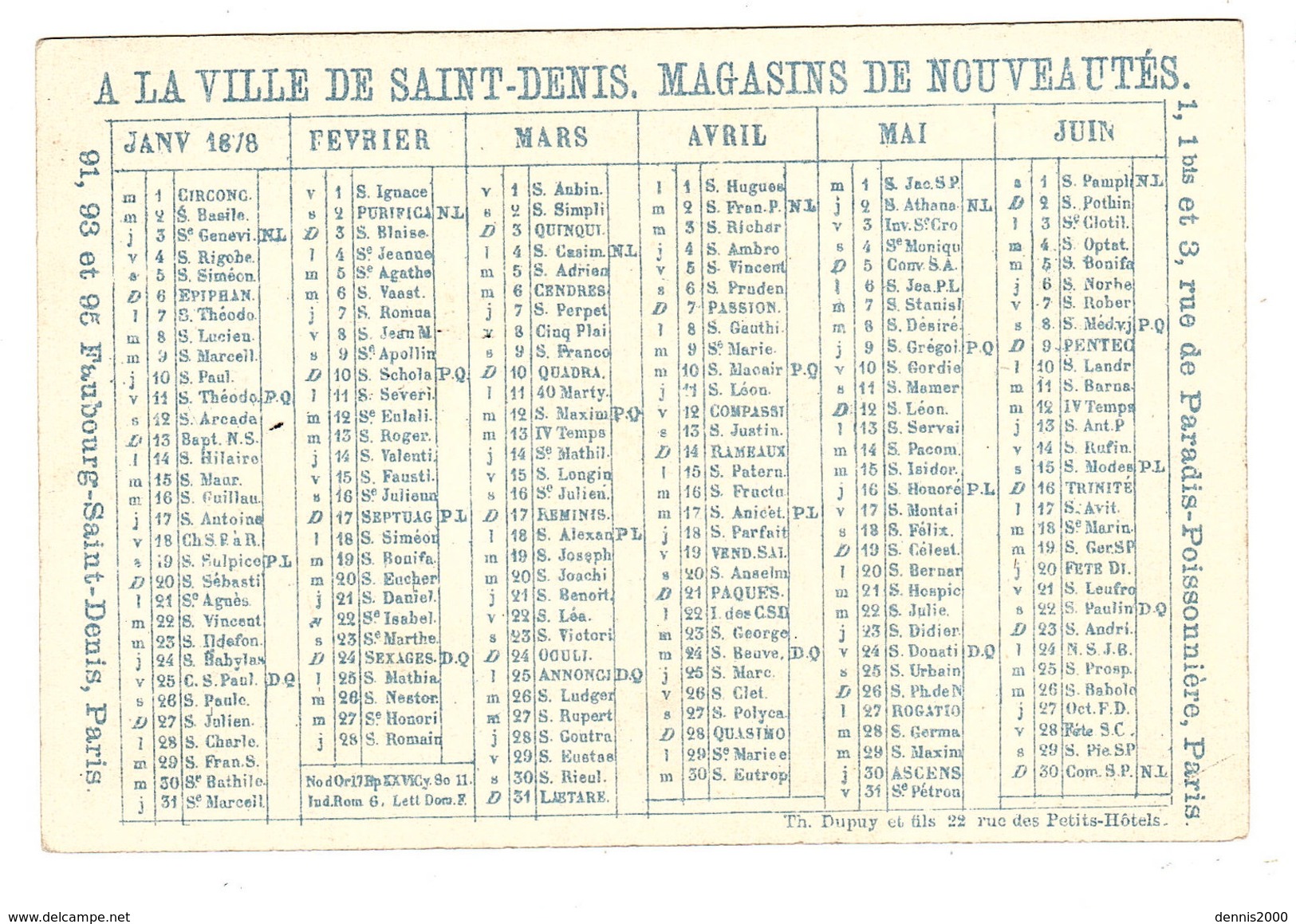 CALENDRIER Janvier - Juin 1878 - A LA VILLE DE SAINT DENIS - GRANDS MAGASINS DE NOUVEAUTÉS - CORNEMUSE - Small : ...-1900
