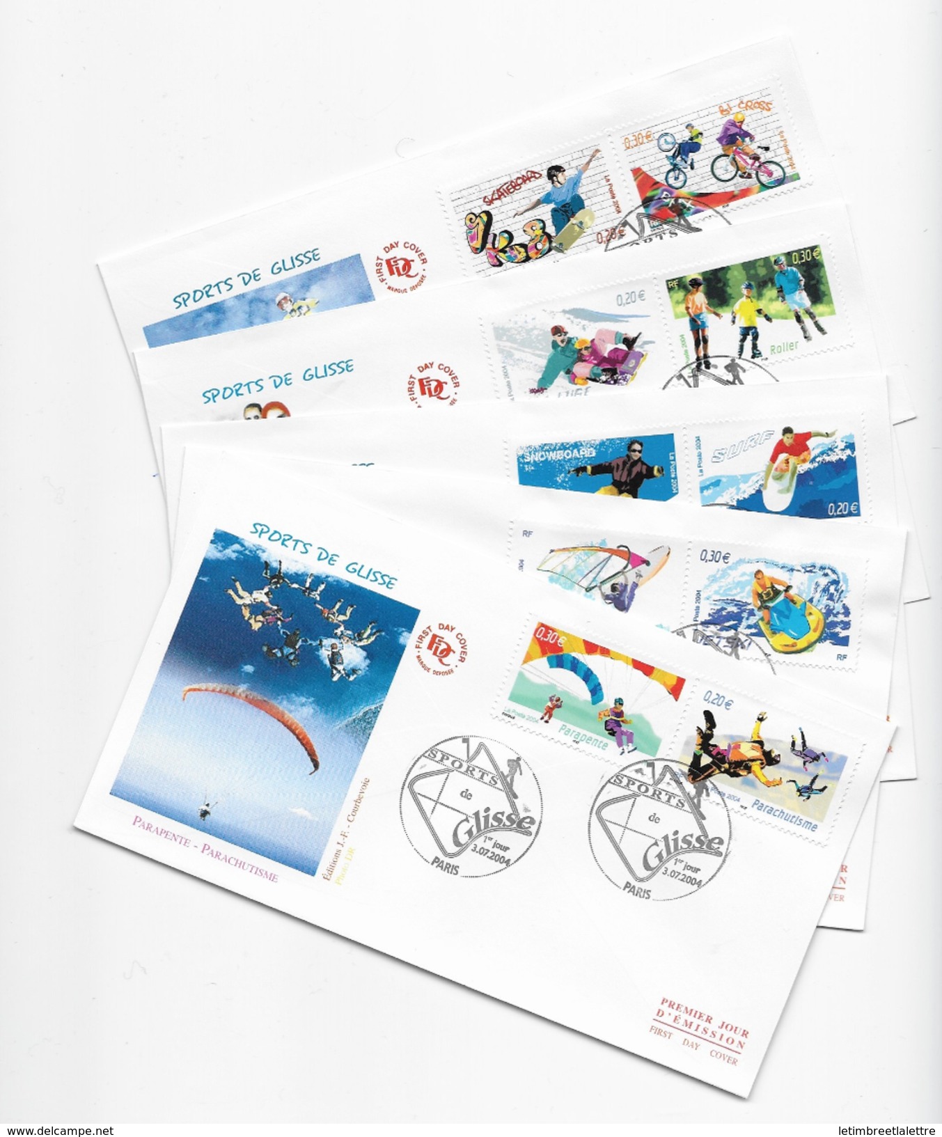 Enveloppes  1er Jour FDC 2004 5 Enveloppes "sport De Glisse"parapente,planche à Voile,snowboard,luge,bi Cross - 2000-2009