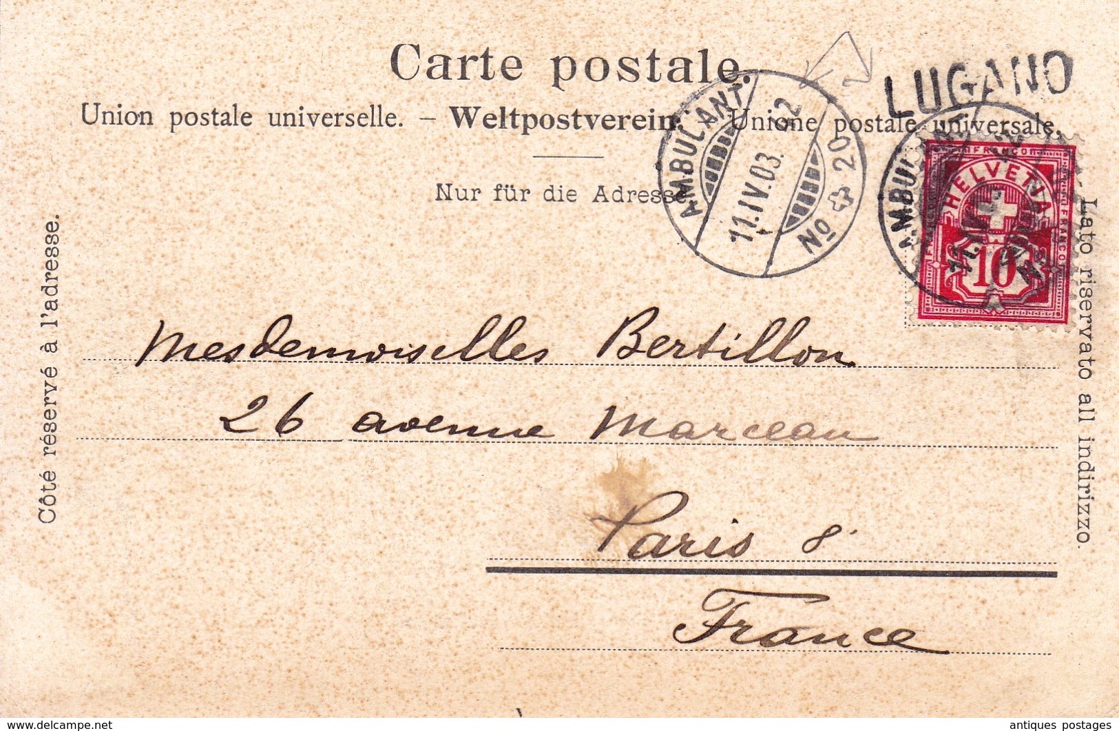 Carte Postale Lugano Suisse Cachet Ambulant 1903 Col Monte San Salvatore - Storia Postale