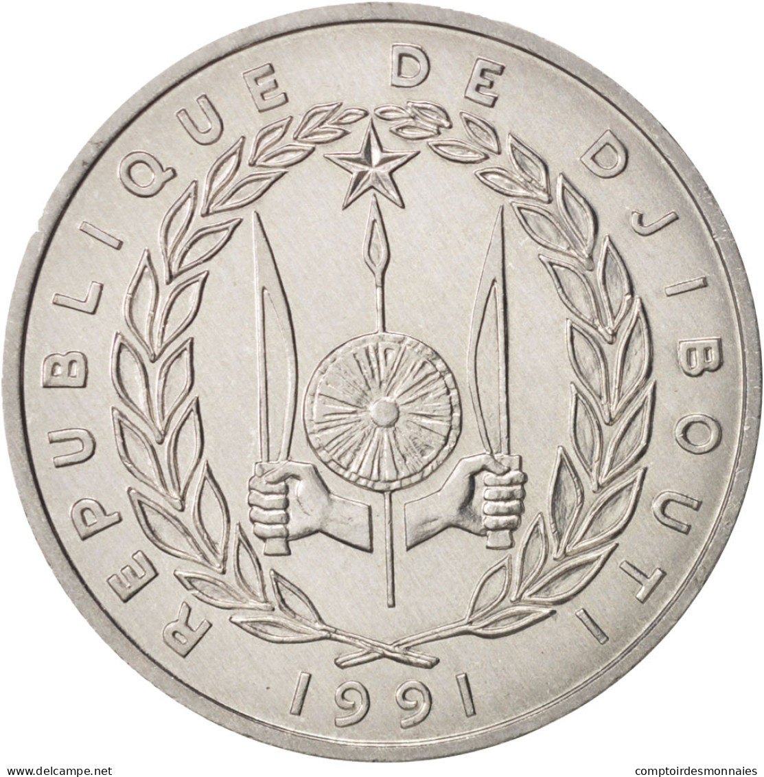 Monnaie, Djibouti, 5 Francs, 1991, Paris, FDC, Aluminium, KM:22 - Gibuti